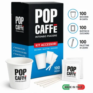 Kit 100 Accessori per Degustazione palette di bambu, bicchierini di carta e zucchero Pop Caffè – Sostenibile e Completo
